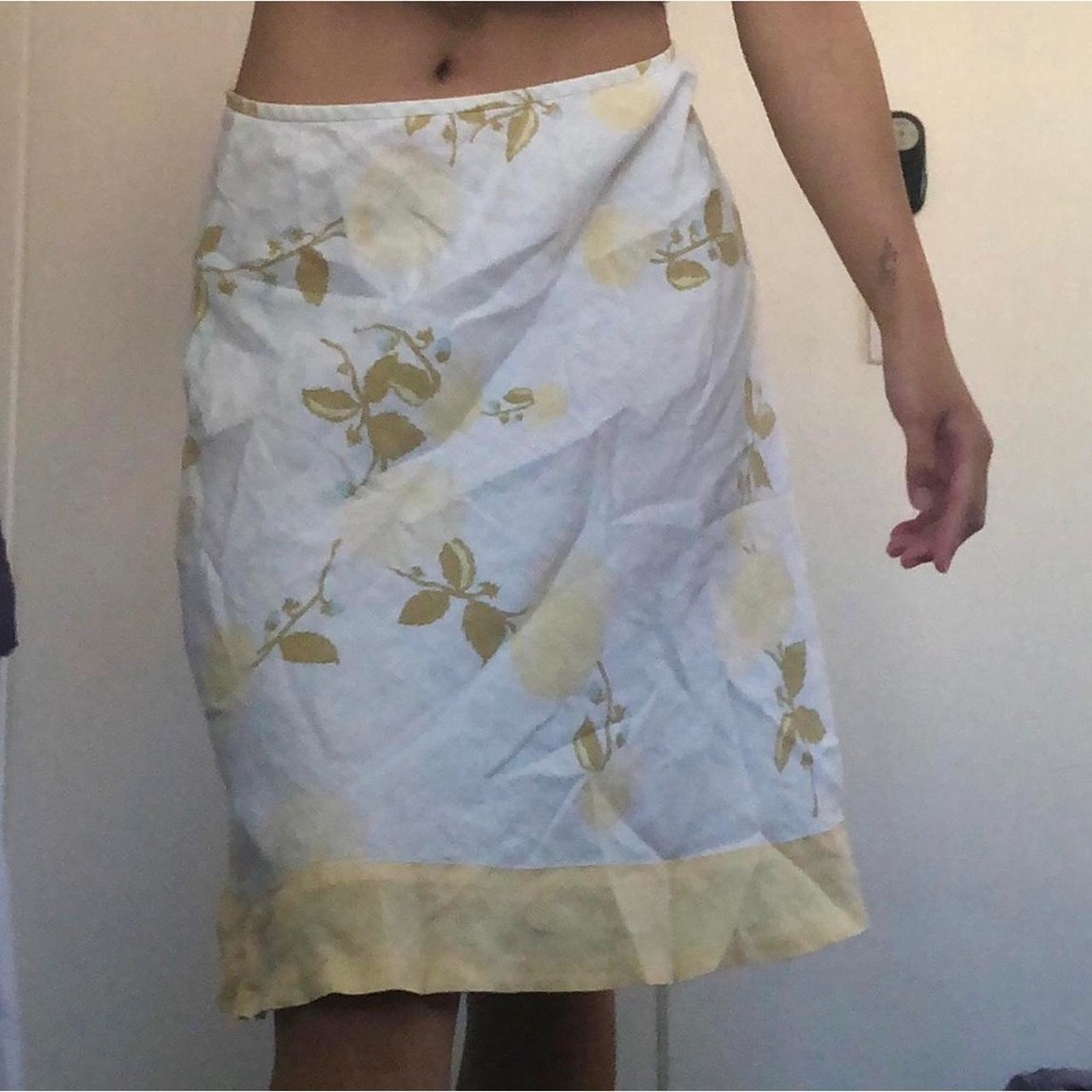 LOFT White and Yellow Floral A-Line Skirt 100%Linen